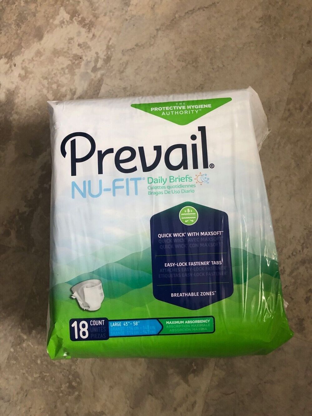 Prevail Nu-Fit Daily Briefs Large 45"-58" 18 Count Maximum Absorbency New
